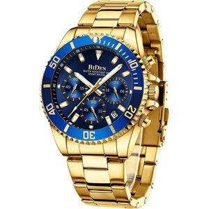 Men's Watches Chronograph Stainless Steel Blue Gold Wrist Watch Waterproof